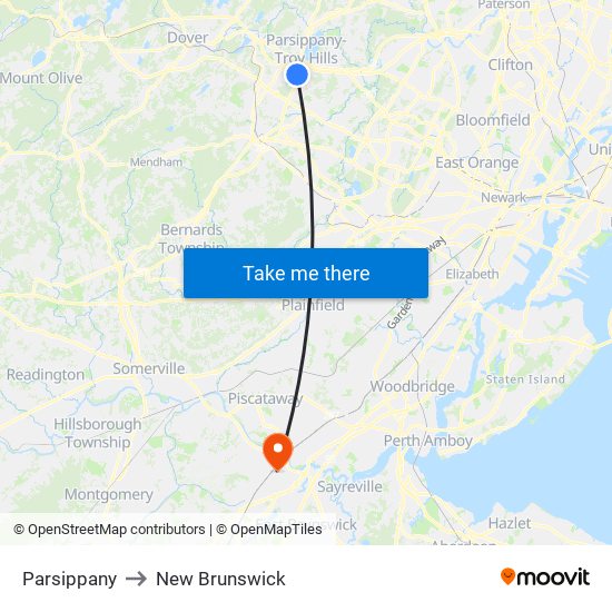 Parsippany to New Brunswick map