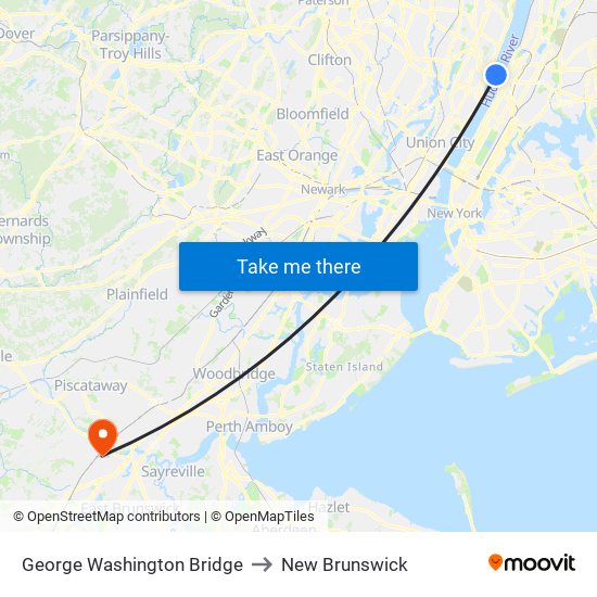 George Washington Bridge to New Brunswick map