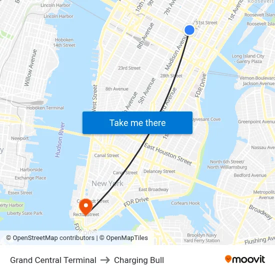 Grand Central Terminal to Charging Bull map