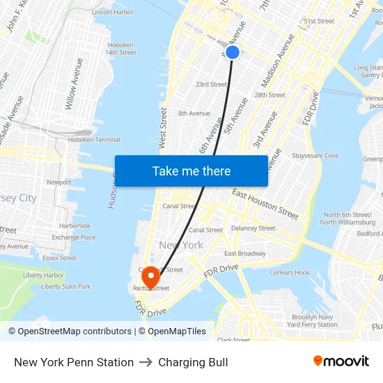 New York Penn Station to Charging Bull map