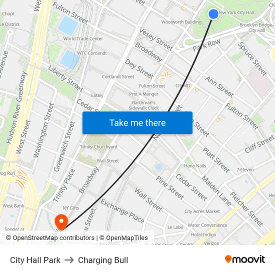 City Hall Park to Charging Bull map