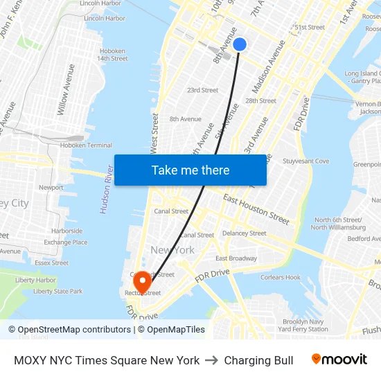 MOXY NYC Times Square New York to Charging Bull map
