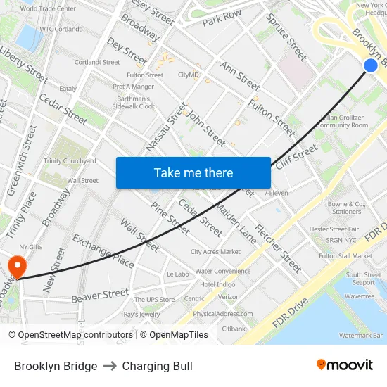 Brooklyn Bridge to Charging Bull map