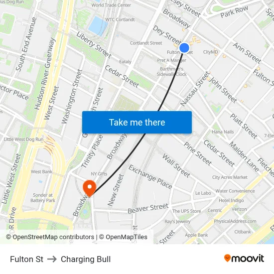 Fulton St to Charging Bull map