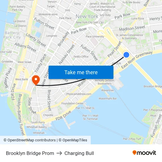 Brooklyn Bridge Prom to Charging Bull map