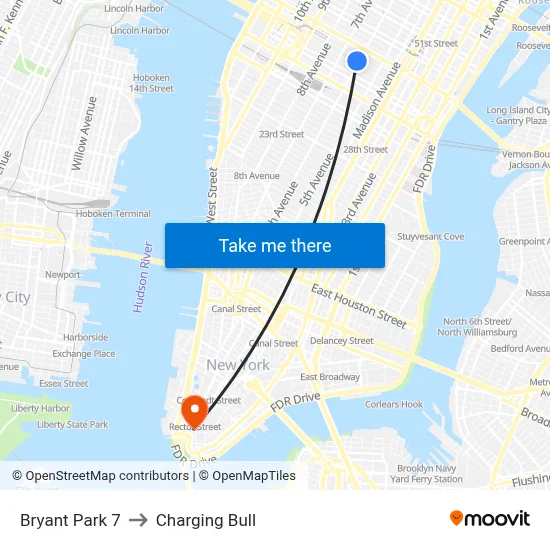 Bryant Park 7 to Charging Bull map
