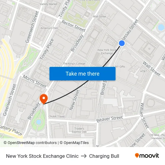 New York Stock Exchange Clinic to Charging Bull map
