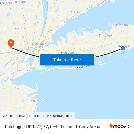 Patchogue LIRR (77, 77y) to Richard J. Cody Arena map