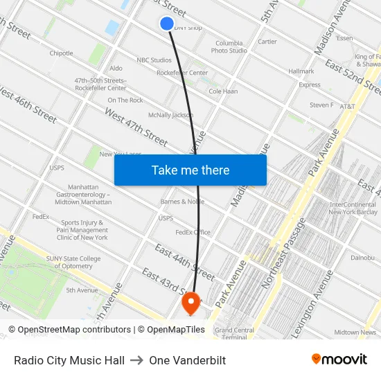 Radio City Music Hall to One Vanderbilt map