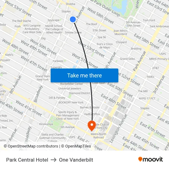 Park Central Hotel to One Vanderbilt map
