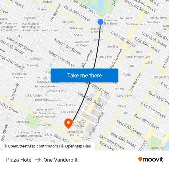 Plaza Hotel to One Vanderbilt map