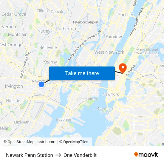 Newark Penn Station to One Vanderbilt map