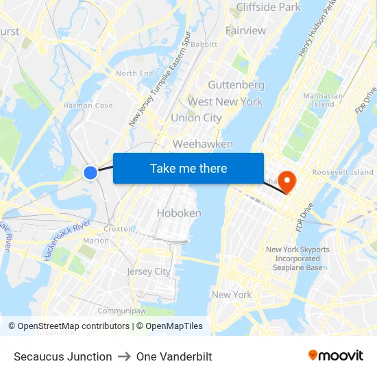Secaucus Junction to One Vanderbilt map