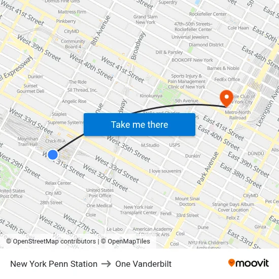 New York Penn Station to One Vanderbilt map