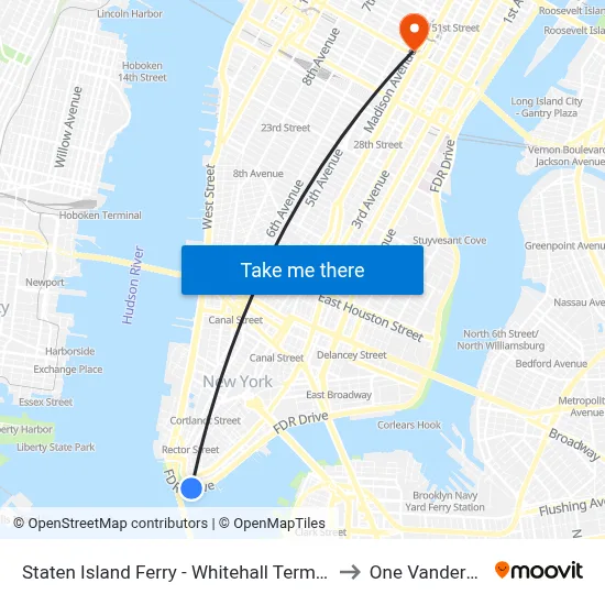 Staten Island Ferry - Whitehall Terminal to One Vanderbilt map