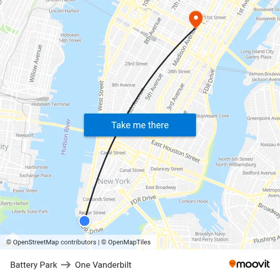 Battery Park to One Vanderbilt map