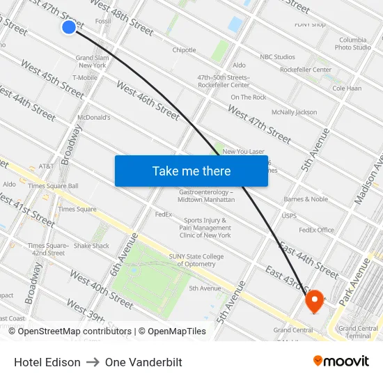 Hotel Edison to One Vanderbilt map