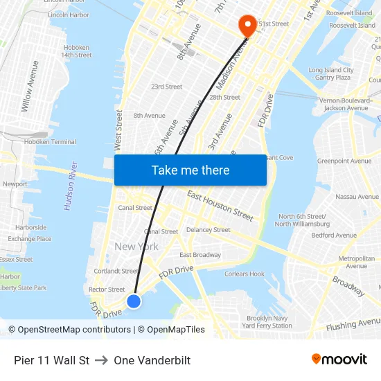 Pier 11 Wall St to One Vanderbilt map