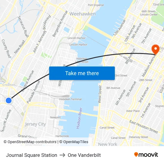 Journal Square Station to One Vanderbilt map