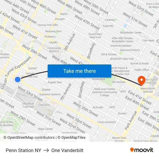 Penn Station NY to One Vanderbilt map