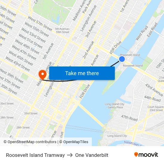 Roosevelt Island Tramway to One Vanderbilt map