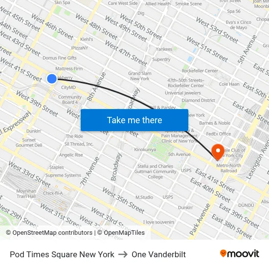 Pod Times Square New York to One Vanderbilt map