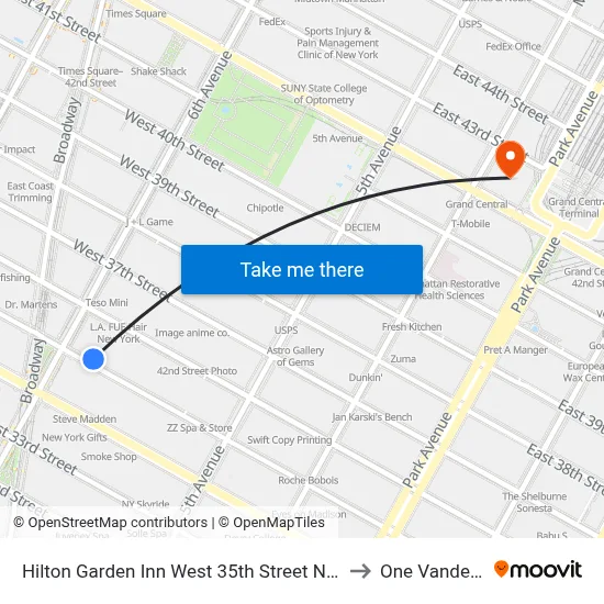 Hilton Garden Inn West 35th Street New York to One Vanderbilt map