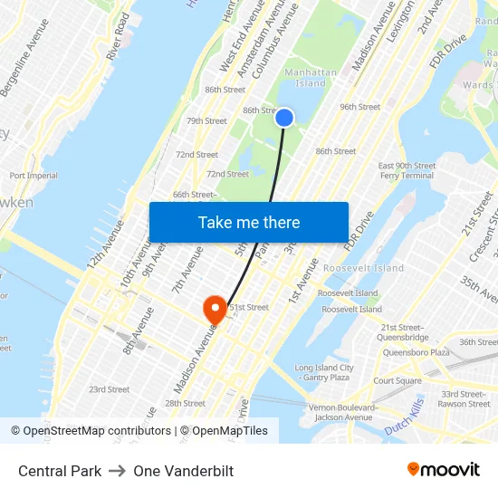 Central Park to One Vanderbilt map
