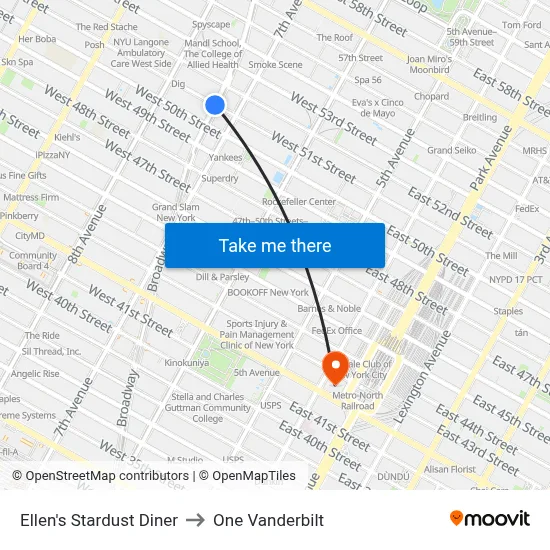 Ellen's Stardust Diner to One Vanderbilt map
