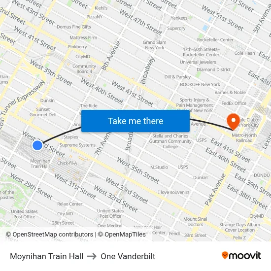 Moynihan Train Hall to One Vanderbilt map