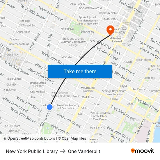 New York Public Library to One Vanderbilt map