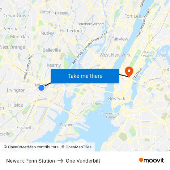 Newark Penn Station to One Vanderbilt map