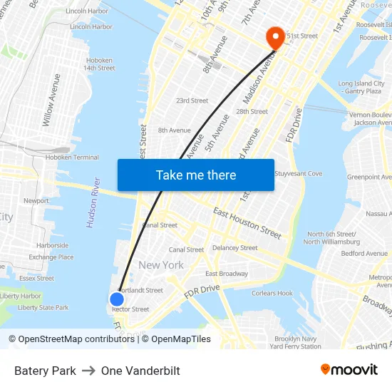 Batery Park to One Vanderbilt map