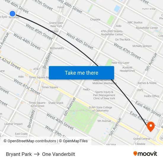 Bryant Park to One Vanderbilt map