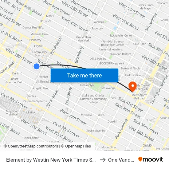 Element by Westin New York Times Square West, 311 W 39th St to One Vanderbilt map