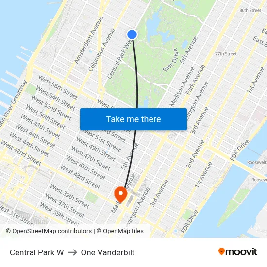 Central Park W to One Vanderbilt map