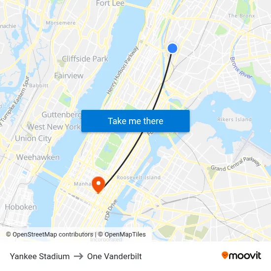 Yankee Stadium to One Vanderbilt map