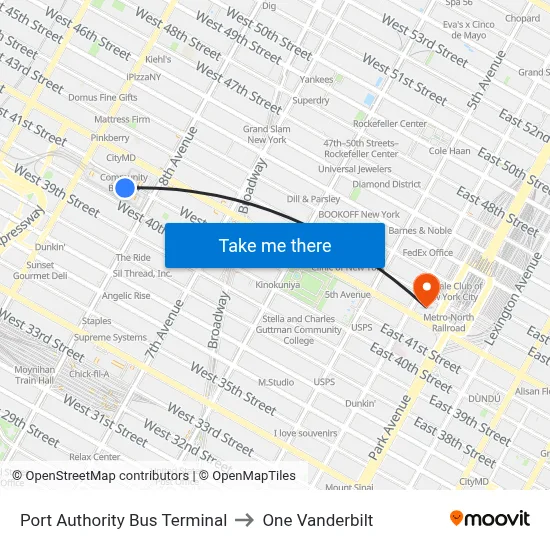 Port Authority Bus Terminal to One Vanderbilt map