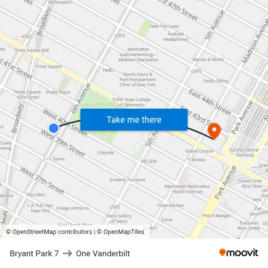 Bryant Park 7 to One Vanderbilt map