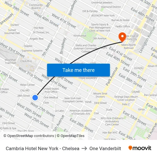 Cambria Hotel New York - Chelsea, 123 W 28th St to One Vanderbilt map