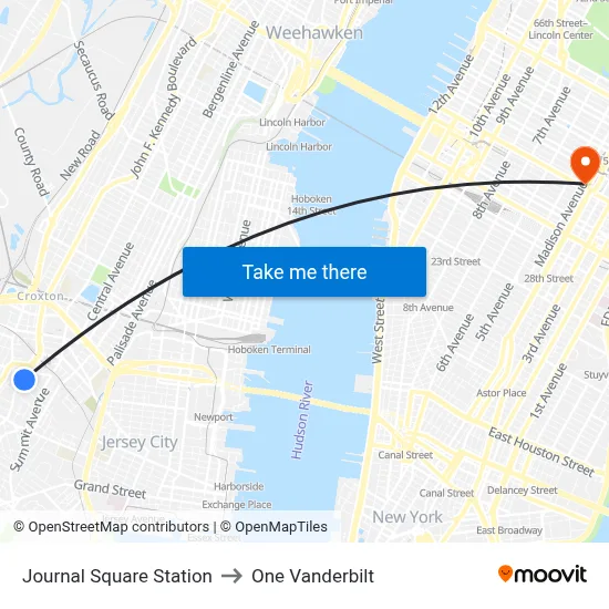 Journal Square Station to One Vanderbilt map