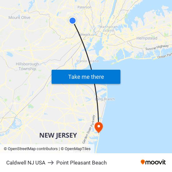 Caldwell NJ USA to Point Pleasant Beach map