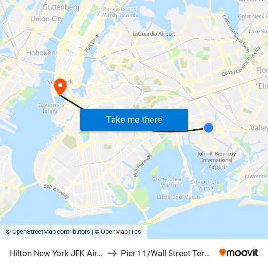 Hilton New York JFK Airport to Pier 11/Wall Street Terminal map