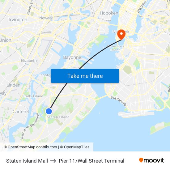 Staten Island Mall to Pier 11/Wall Street Terminal map