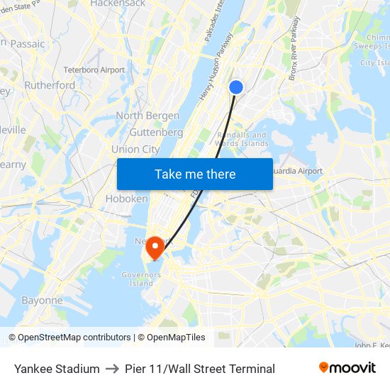 Yankee Stadium to Pier 11/Wall Street Terminal map