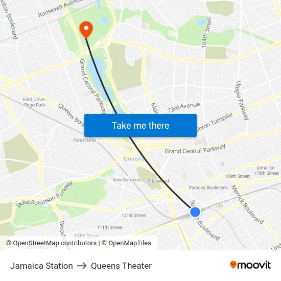 Jamaica Station to Queens Theater map