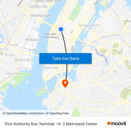 Port Authority Bus Terminal to 2 Metrotech Center map