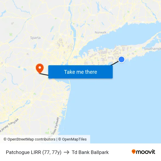 Patchogue LIRR (77, 77y) to Td Bank Ballpark map