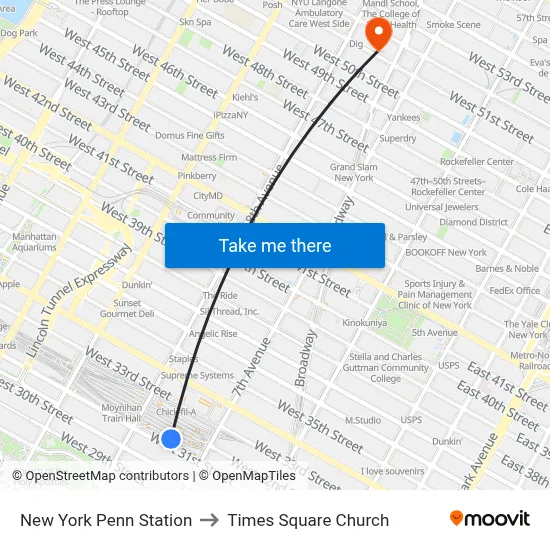 New York Penn Station to Times Square Church map