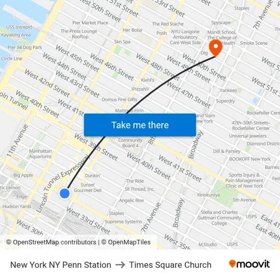 New York NY Penn Station to Times Square Church map